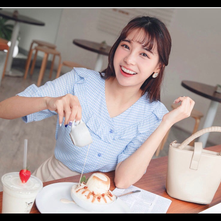 Short-Sleeve Gingham Ruffle Top